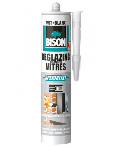 BISON MASTIC VITRES Mastic d'étanchéité élastique pour les joints de vitres simples et isolants Blanc - 290 mL