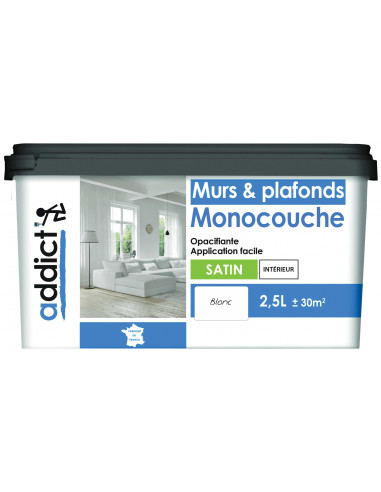 RECA Peinture Acrylique Murs et Plafonds Monocouche ADDICT Blanc Satin 2,5 L