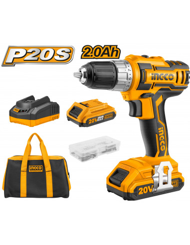 INGCO CDLI2002 Perceuse visseuse sans fil Lithium-Ion 20V (2 batteries) + 47 accessoires + sac