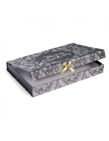 DIFFUSION 554316 Boîte cadeau rectangulaire motif feuillage de Noël noir et blanc - 34,5 x 24 x H.4 cm