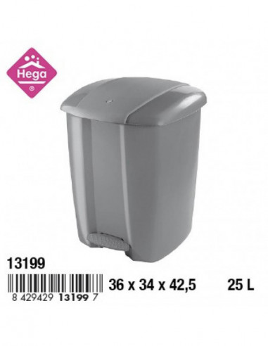 HOGAR 13199 Poubelle ZAIRE plastique carrée à pédale gris 25 L