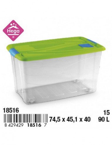 HOGAR 18516 Bac de rangement plastique Nº15 PISA avec fermetures et roulettes bleu/rouge/vert 90 L