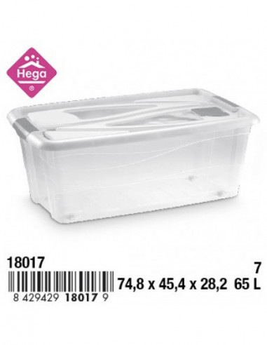 HOGAR 18017 Bac de rangement plastique Nº7 PISA avec fermetures et roulettes transparent 65 L