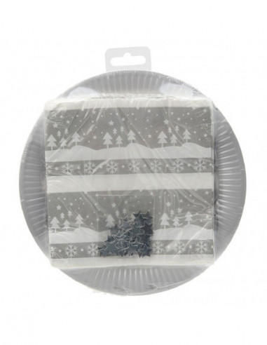DIFFUSION 572511 Kit jetable assiette + serviette motif Noël argenté x 20 - L.24 x l.23 x H.2 cm